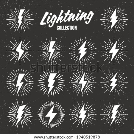 Set of vintage lightning bolts and sunrays on grunge background. Lightnings with sunburst effect. Thunderbolt, electric shock sign. Vector illustration.
