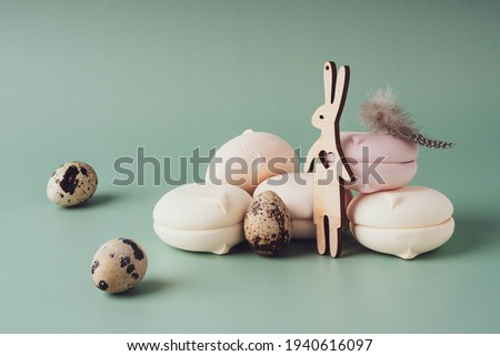 Bright, beautiful, congratulatory Easter background. easter eggs, bunny, sweets on a pastel background. Happy Easter.