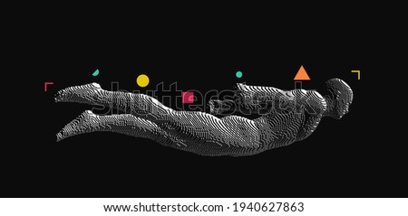 Man is flying or falling in the air. Voxel art illustration. Virtual reality simulator for game industry. Vector. Royalty-Free Stock Photo #1940627863