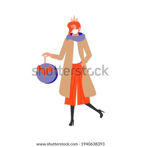 Joyful shopping People bunner. Young woman in medical mask carrying shopping bag with gift, taking part in seasonal sale at store, shop, mall. Flat Art Rastered Copy Illustration