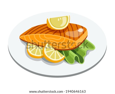 Grilled salmon fillet fish on plate. Cooked tuna steak with lemon and lettuce leaves. Cartoon vector seafood illustration.