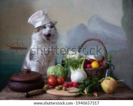  Mediterranean vegetarian still life with a cat in a chef's hat