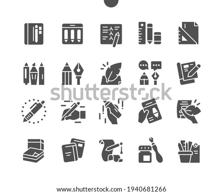 Writing tools. Notebooks. Stationery, pencil, pen, marker, case, instrument, calligraphy, education and school. Vector Solid Icons. Simple Pictogram