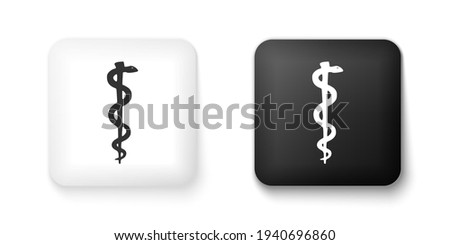 Black and white Rod of asclepius snake coiled up silhouette icon isolated on white background. Emblem for drugstore or medicine, pharmacy snake symbol. Square button