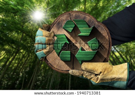 Hands with protective work gloves holding a recycling symbol made of green and brown wood inside of a cross section of a tree trunk. Sustainable Resources concept. Green forest on background. Royalty-Free Stock Photo #1940713381