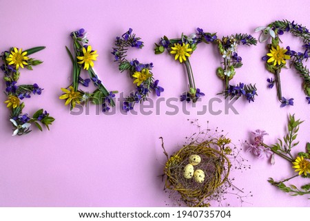  Easter flower arrangement in the style of children's creativity. Flat layout on pink background. Easter Greeting Card. With easter bird's nest with small eggs. 
