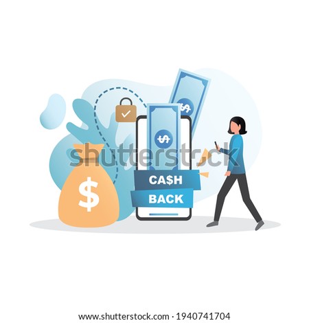 Rich woman receives cashback on an electronic, locked wallet, bank account in smartphone from purchase. Wealthy girl in mobile phone has saved up, keeps lot of cash, big bag of coins.