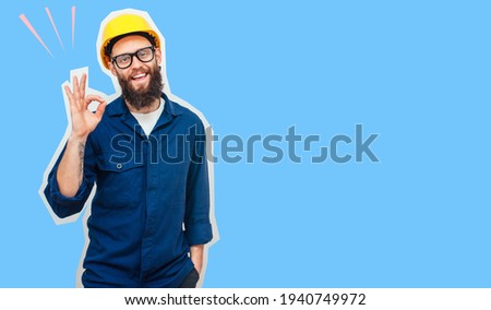 Cheerful worker - craftsman in work clothes and yellow helmet insulated on studio background. Collage in magazine style. Flyer with trendy colors, copyspace for ad. Your text here.