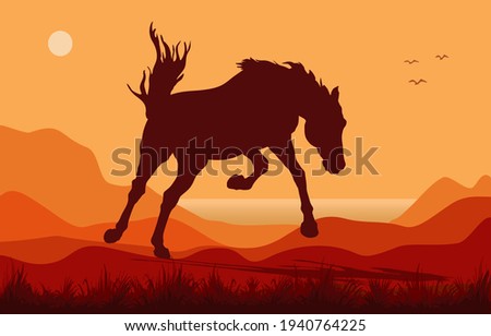 poster, dark isolated realistic silhouette of a galloping kicking horse against the sky and sea in orange  tone