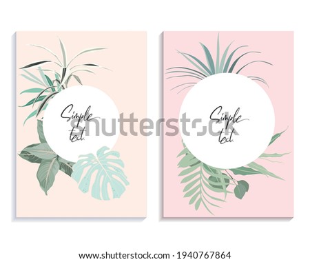Trendy invitation, card template with tropical exotic leaves and plants. Wedding floral set. Card, banner.