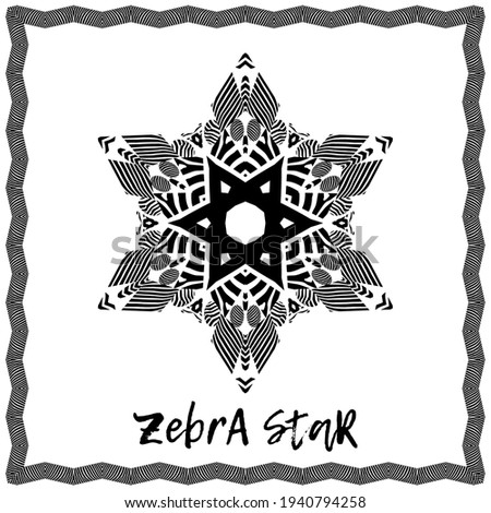A six-pointed star. Design with Zebra stripes. Postcard. Black and white color. Ethnic boho ornament. Tribal motif. Vector illustration for web design or print.