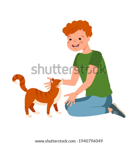 Happy redhead boy with freckles and a cat. The child plays with a striped orange kitten. Happy pet owner. Vector flat illustration Royalty-Free Stock Photo #1940796049