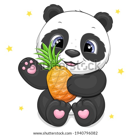 Cute cartoon panda with pineapple. Vector illustration of animal on white background with stars.