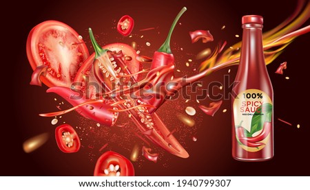 Red chili pepper packaging mock up with chili splashing elements ads isolated on solid color background, Vector realistic in 3D illustration.
