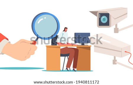 Corporate Control. Boss Hand Holding Huge Magnifying Glass Watching on Working Businesswoman Clerk, Manager or Employee. Woman Character Work Under Chef Supervision. Cartoon People Vector Illustration Royalty-Free Stock Photo #1940811172