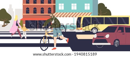 People crossing street on crosswalk. City street with cars and pedestrians walking on zebra to other side of road. Cross road safely concept. Cartoon flat vector illustration