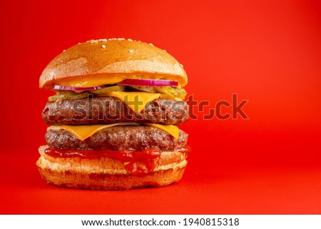 Delicious burger with double beef and cheddar cheese on a red background. Tasty fresh unhealthy burgers with cheese and two patties. Fast food, unhealthy food concept.