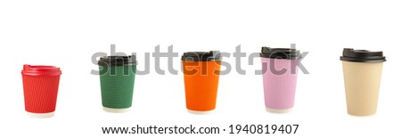 Design concept of mockup coffee cup set on isolated on white background. Copy space for text and logo. Collage of different cup. Top view
