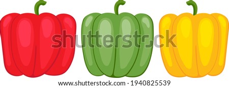 Sweet pepper green, yellow and red, drawn by cartoon vector, three vegetables for vegetarian food. Illustration in flat childish style.