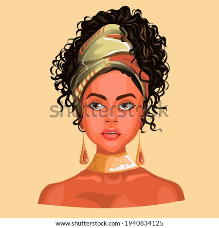 Illustration of an African or latinos Girl Wearing Pretty Head Scarves and Earrings. Exotic hand drawn text. Used for print design greeting card used for print design, banner, poster, flyer template.