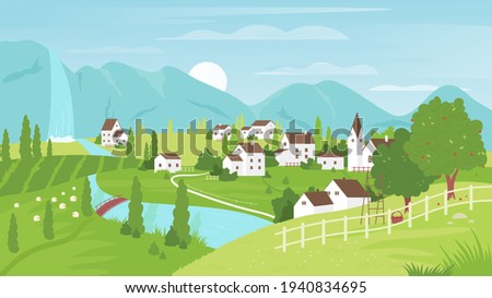 Rural mountain landscape and village vector illustration. Cartoon summer green farm land field with grazing sheep, apple garden, waterfall and river, road to farmer houses summertime background Royalty-Free Stock Photo #1940834695