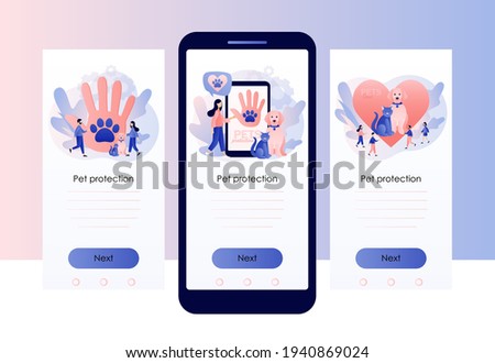 Animal rescue and pet protection. Hand and paw as symbol support and love pets. Animal shelter. Screen template for mobile smart phone. Modern flat cartoon style. Vector illustration