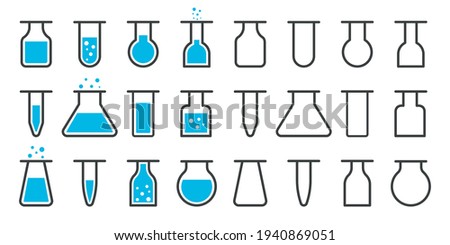 Lab icon. Science test in tube, beaker and flask. Glass equipment in chemistry laboratory. Tool for medical research. Silhouettes of jars for chemical liquid, pharmacy drugs. Sign of measure. Vector.