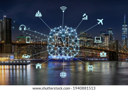 Artificial Intelligence and Internet of Things Technology over the Brooklyn bridge in New York City, USA downtown skyline, Architecture and building with tourist, Ai and AR with IOT icon concept