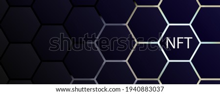 NFT non-fungible token concept on polygonal abstract background. Vector dark banner with hexagon shapes with lights on backdrop and white non fungible token sign. Modern card crypto art illustration