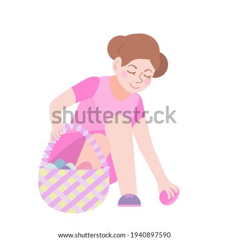 Easter characters. Cute little girl collects Easter eggs in a basket. A brown-haired girl is looking for festive eggs. Vector illustration in a flat cartoon style is isolated on a white background.