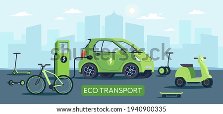 Environmentally friendly transport powered by renewable energy sources. Electric car at charging station against the background of city, gyroboard, bicycle, scooter, scooter,skateboard.Vector vehicles