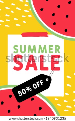 Summer sale with a 50 percent discount. Summer mobile banner for social networks. A bright yellow banner with large slices of watermelon.