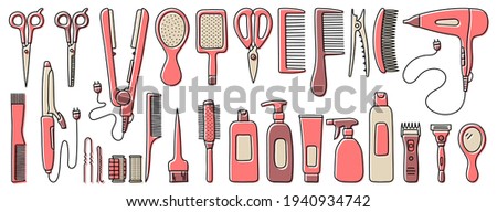 Hairdressing equipment line sketch. Professional hair dresser tools. Hand drawn doodle icons set. Vector illustration. Barber symbols collection. Hairdryer, scissors, straightener and curler Royalty-Free Stock Photo #1940934742