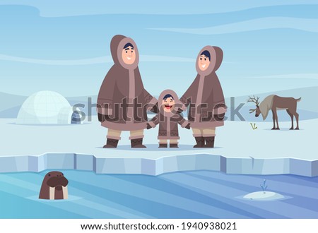 North pole background. Eskimo authentic people winter cold clothes happy characters exact vector cartoon landscape Royalty-Free Stock Photo #1940938021