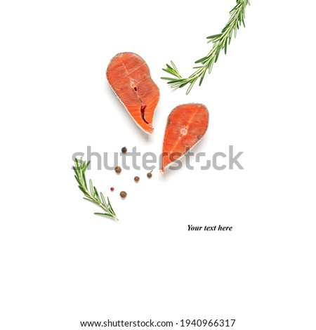 Fresh steaks coho salmon with rosemary and spice isolated on white background. Creative layout. Top view, flat lay, place for text