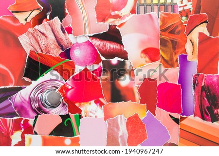 Collage from torn pieces of magazine paper. Abstract creative background from clippings with magazine paper in red, pink and purple colours.