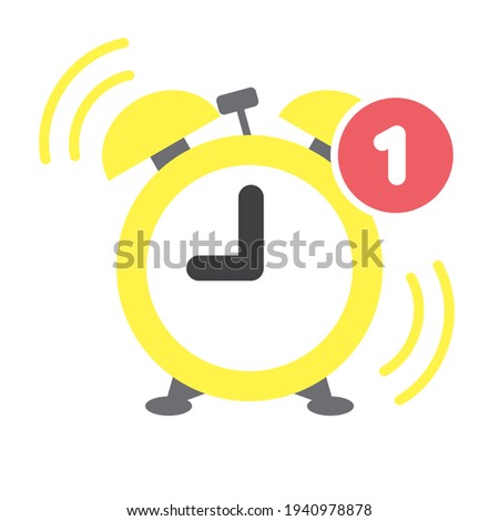 flat vector illustration of yellow wake up simple alarm clock with red notification icon