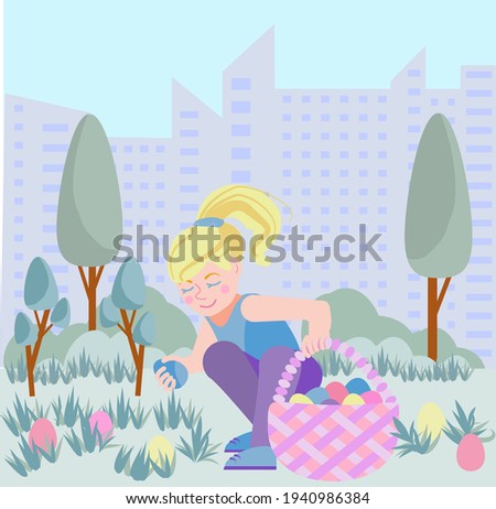 Cute little blonde girl collects Easter eggs in a basket in a garden.  a girl is looking for Easter eggs in a spring park. Vector illustration in a flat cartoon style. Easter characters.