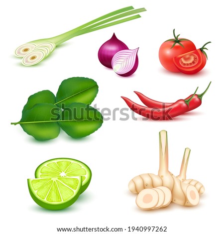 Tom yum ingredient spices. Traditional thai food. On white background . 3d Vector EPS10 illustration Royalty-Free Stock Photo #1940997262