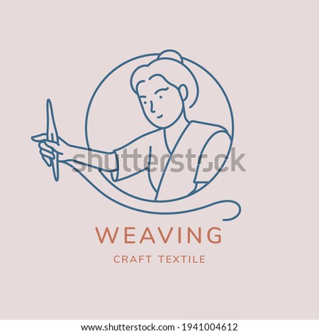 Weaving vector logo design. Line art minimal illustration. Woman working on weaving textile with weaving shuttle on her hand.