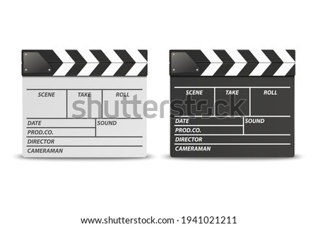 Vector 3d Realistic Closed White and Black Movie Film Clap Board Icon Set Closeup Isolated on White Background. Design Template of Clapperboard, Slapstick, Filmmaking Device. Front View
