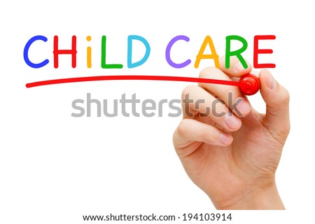 Hand writing Child Care with marker on transparent wipe board. Royalty-Free Stock Photo #194103914