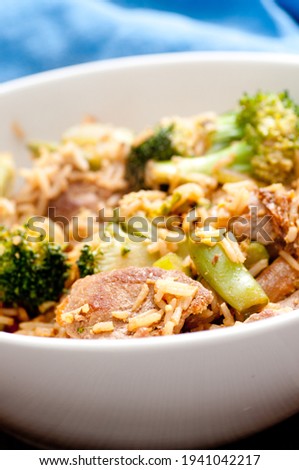 flank steak beef stir fry with bok choy and healthy vegetables and rice stock photo