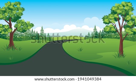 Beautiful nature landscape with countryside road, Summer landscape with mountains, meadows, and fields.