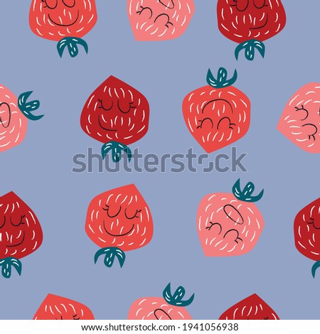 Seamless pattern from funny strawberries with faces. Vector illustration on a blue background 