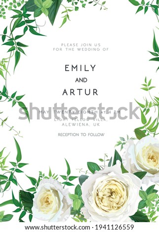 Trendy greenery wedding floral vector invite, holiday invitation card. Light yellow garden rose flowers, tender jasmine vine green leaves, foliage, herbs cute bouquet. Decorative frame, natural border Royalty-Free Stock Photo #1941126559