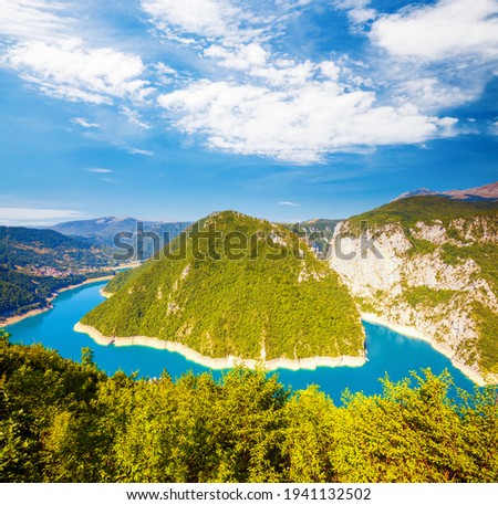 Splendid view of great canyon of river Piva. Location place National park Durmitor, Pluzine town, Montenegro, Balkans, Europe. Image of exotic landscape. Photo wallpaper. Discover the beauty of earth.