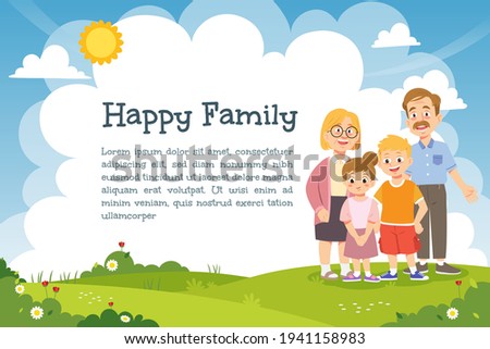 Happy family template with copy space, Grandfather and grandmother stand on grass field with granddaughter and grandson.