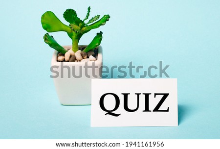 On a light blue background - a potted plant and a white card with the inscription QUIZ