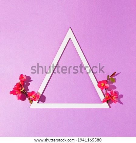 A triangle shaped frame with spring pink flowers on purple backround. Minimal Valentines or Mother's day concept. Creative flat lay.